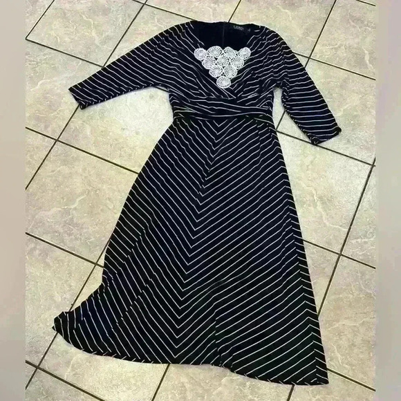 Lauren Navy with White Stripes Stretchy Dress Size 2 - Picture 1 of 6